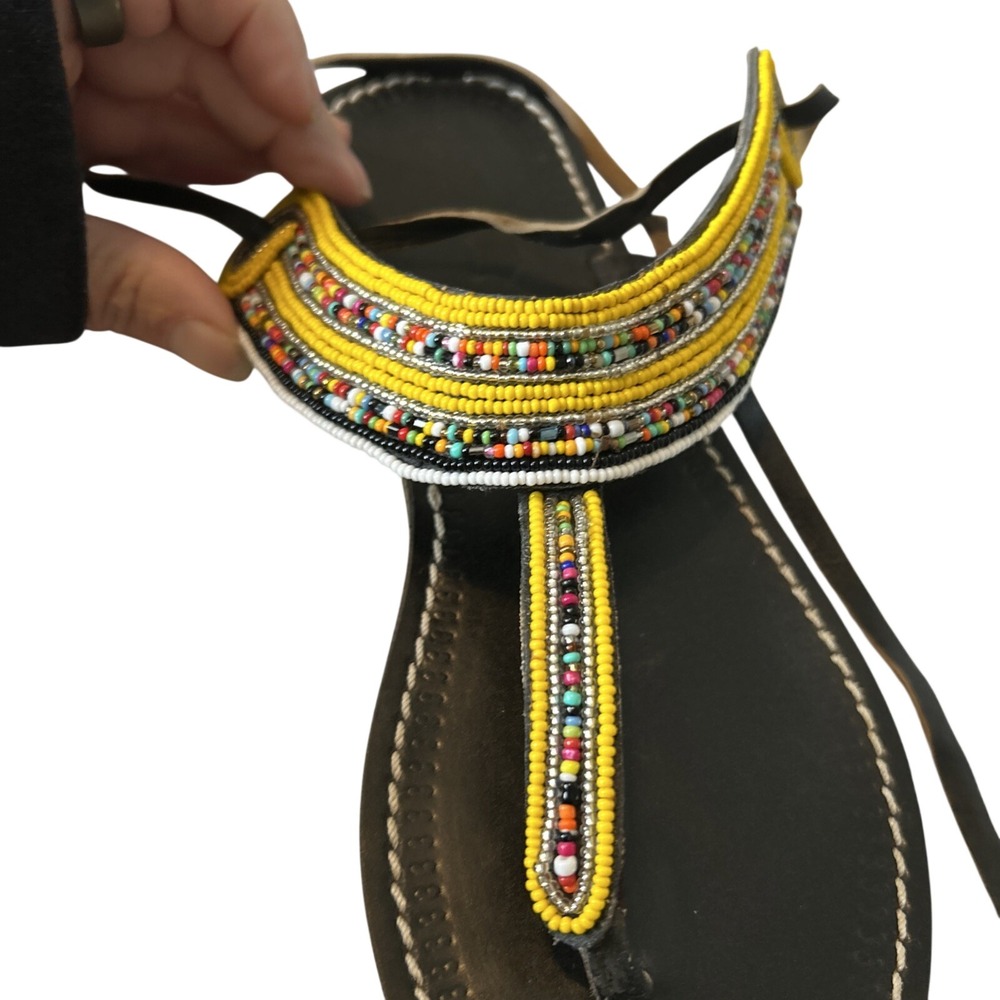 Handmade Beaded Leather Sandals Yellow Black Maasai Tribal Lace Up Flats Size 39